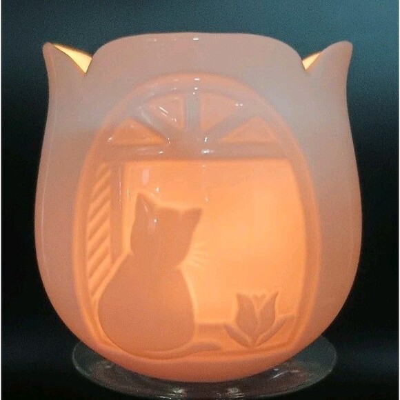 Vintage Otagiri Tulip Shaped Votive Tea LightCandle  Holder Cat In Window White - Picture 1 of 6